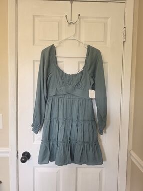 Altar'd State Sage Green Tiered Mini Dress with Scoop Neck Sz M NWT